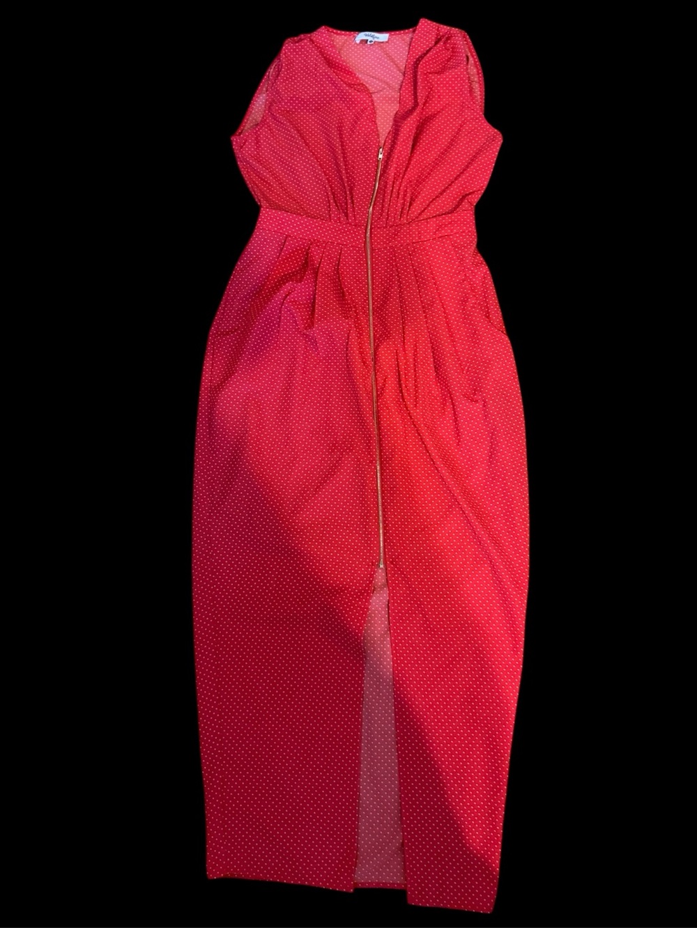 Wildfire Red Polka Dot Maxi Dress with Front Zip , lined ,pockets size M